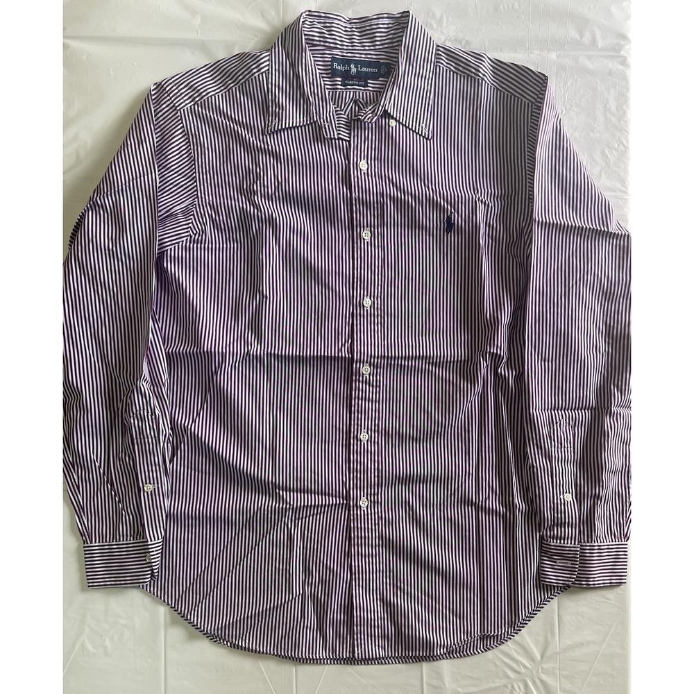 Ralph Lauren Stripes Burgundy White Button Down Shirt Size L Pre Owned (294)